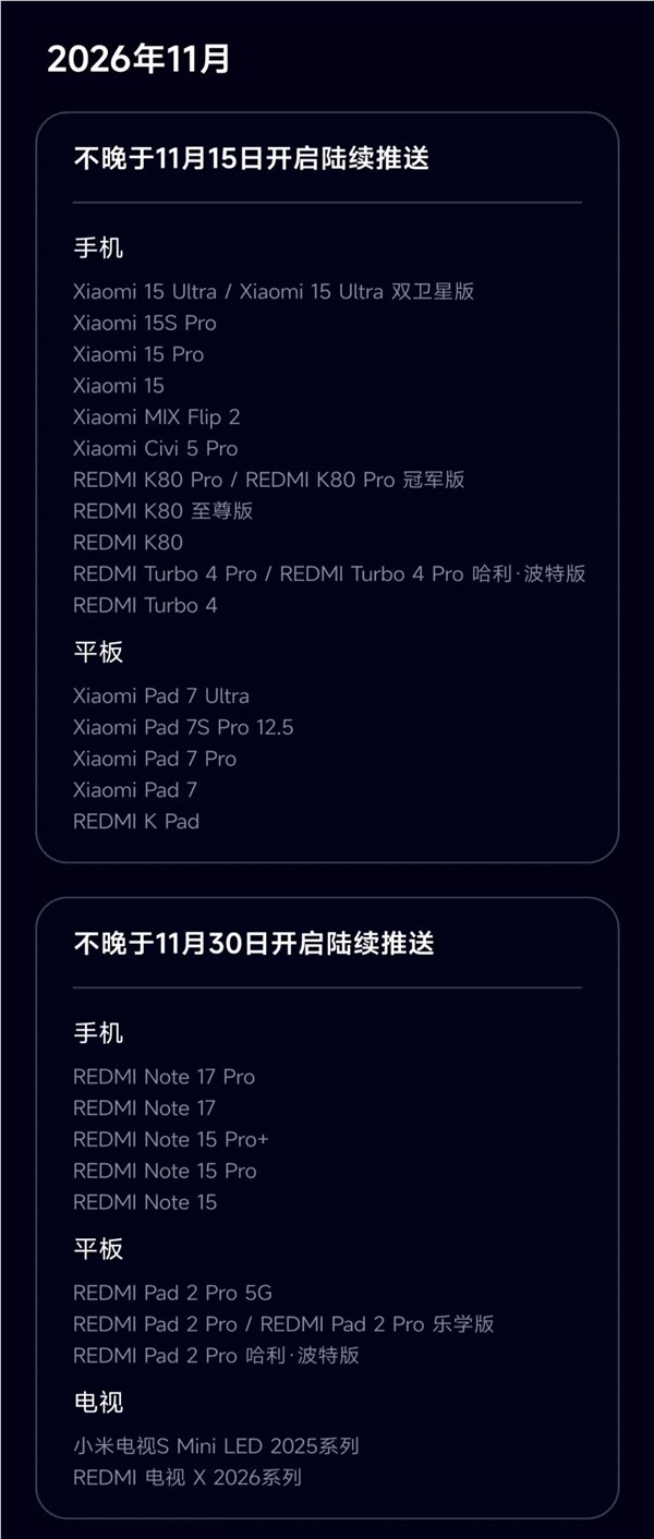小米澎湃OS 4正式版推送计划公布：10月15日开始推送！小米17、K100 Pro/K90系列首批