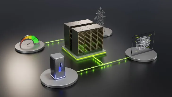 A digital rendering shows an integrated AI factory concept with a central server tower linked to a speed gauge, power supply, and a transparent display labeled 'AI Factory,' depicting a building blueprint.