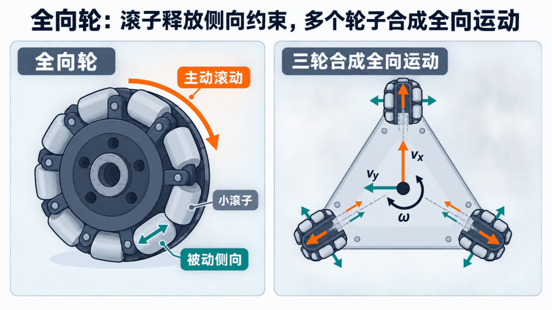 全向轮小滚子释放侧向约束并合成全向运动