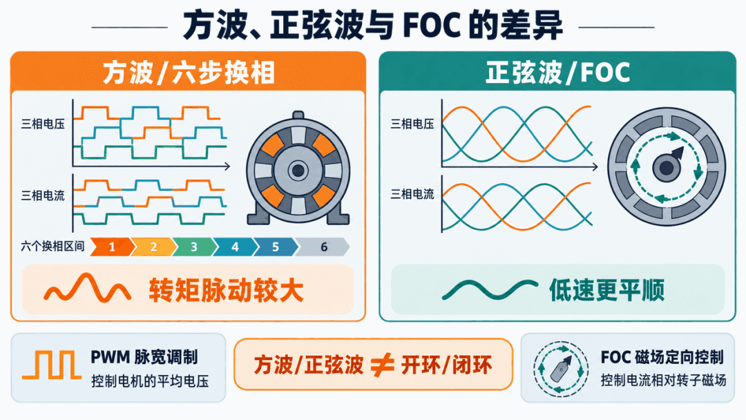 方波、正弦波和 FOC 驱动差异