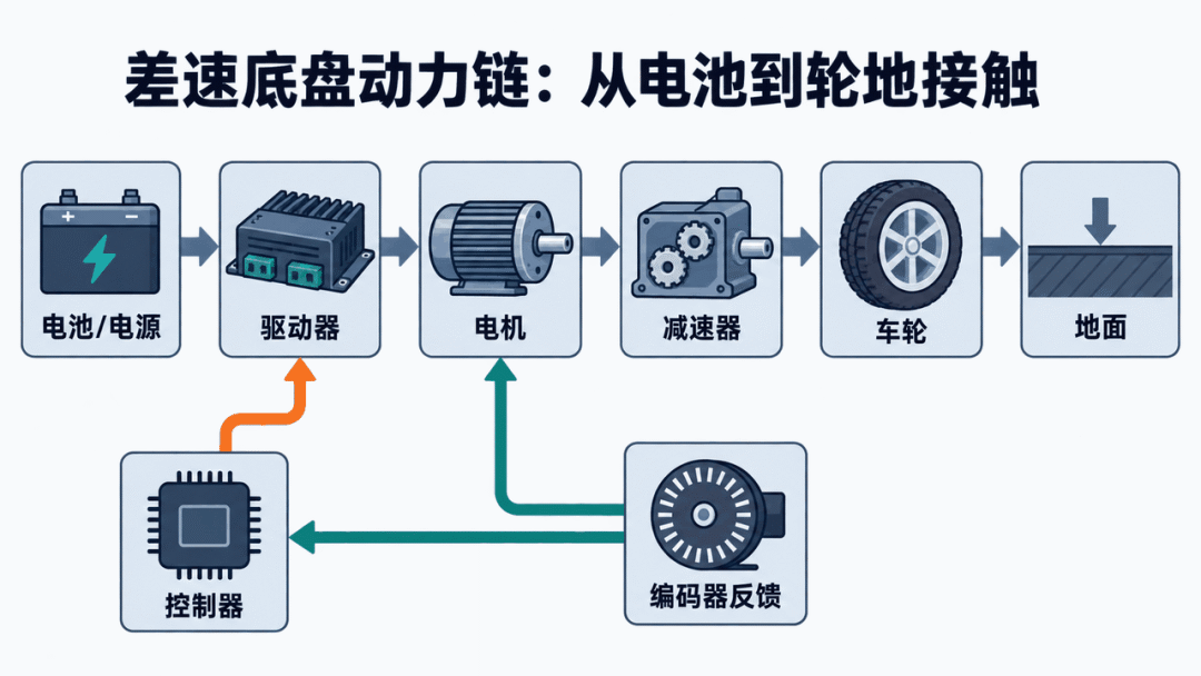 差速底盘从电池到车轮再到编码器反馈的动力链