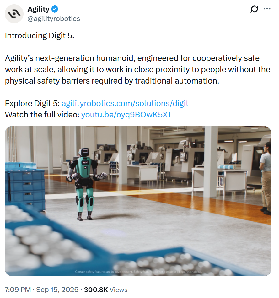 Agility发布Digit 5人形机器人：负载22.7kg，续航90分钟